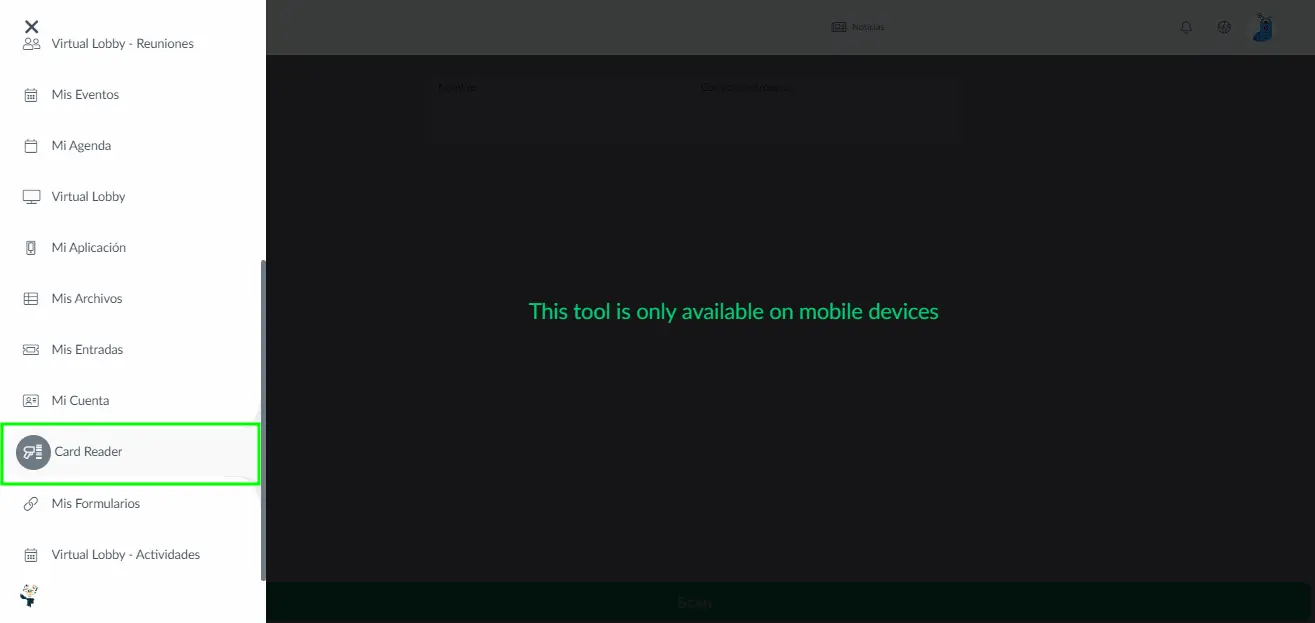 Mensaje: Lector de tarjetas solo está disponible en la versión móbil