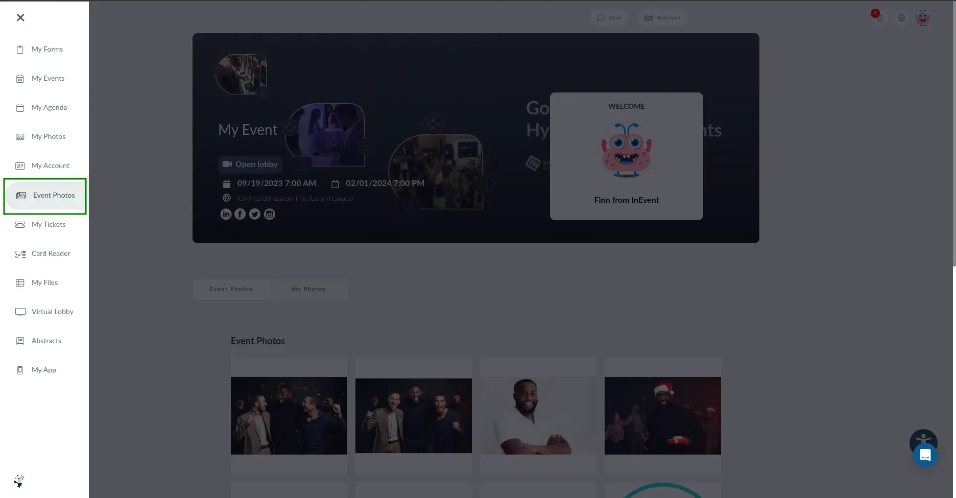 Screenshot showing the Event Photos Virtual Lobby tab.
