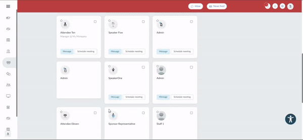 GIF showing the attendee card and how to schedule a meeting.