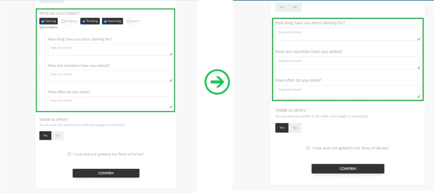 Before and after the parent question is removed. 