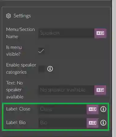 Image showinng the Bio and close label fields that appear in the settings of a speaker section when you edit it alone
