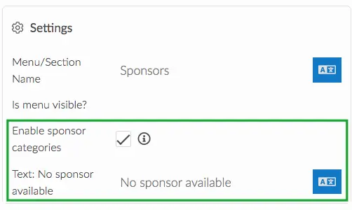 Settings for Sponsors, exhibitors and speakers
