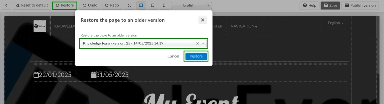 Screenshot showing the Restore the page to an older version pop-up window