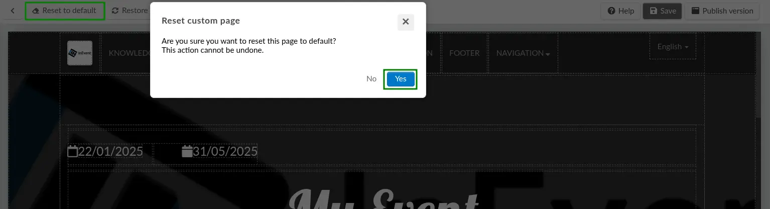 Screenshot showing how to reset the website page