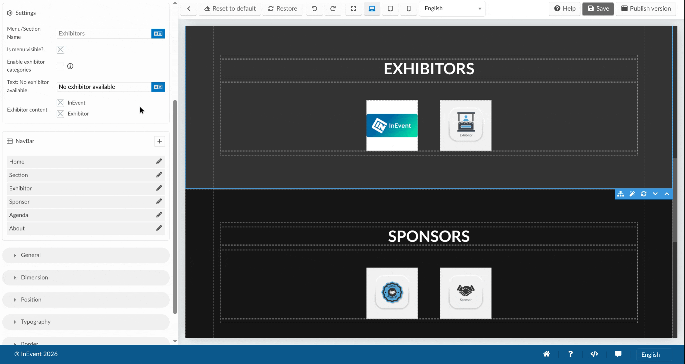 GIF showing the Landing page Exhibitor options