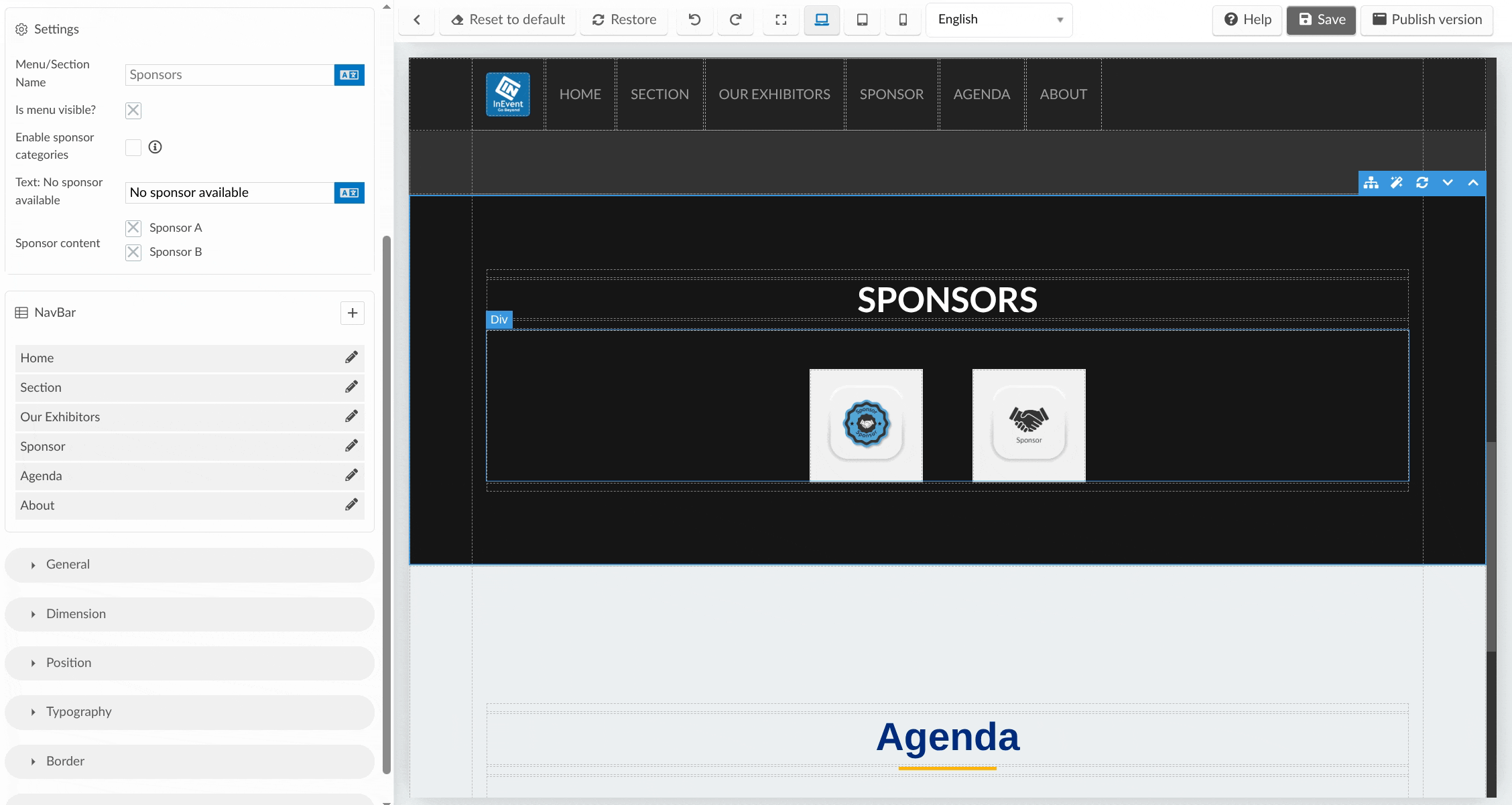GIF showing the Landing page Sponsors section options