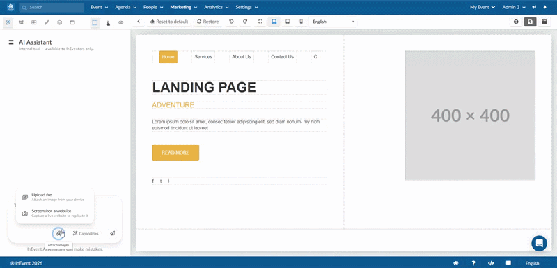 GIF showing how to upload screenshots of existing website section and then writing prompt for AI to replicate the screenshots and generate results.
