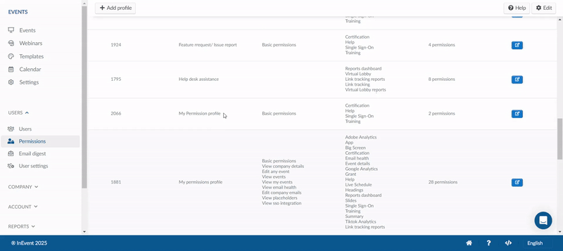 GIF showing how to edit the name, description, and permissions of a permissions profile at the Company level.