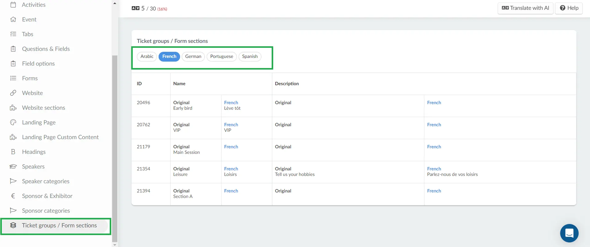 Ticket groups/ sections translations
