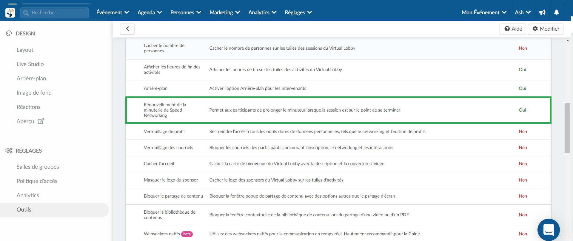 Activer le 'Renouvellement de la minuterie de Speed Networking' aux outils du Virtual Lobby