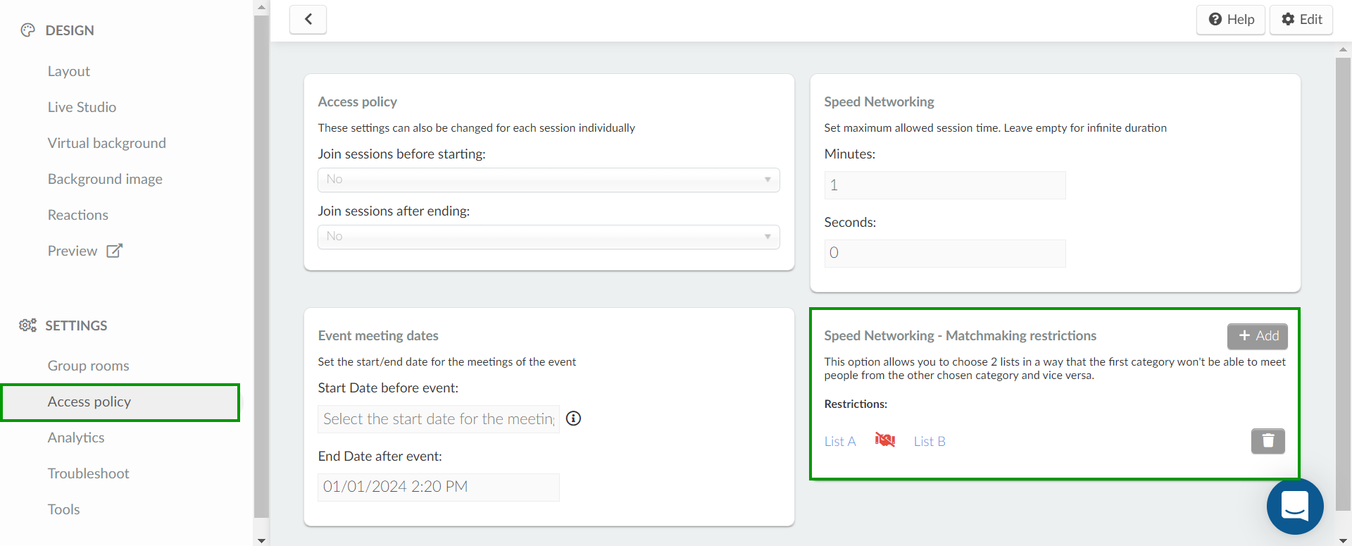 speed networking - matchmaking restrictions