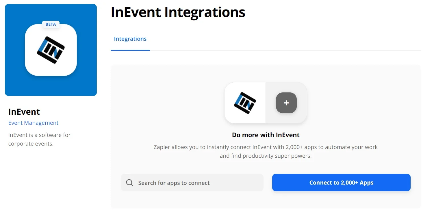 ​Auf dieser Seite sollten Sie nach Apps suchen, die Sie mit der InEvent-Software verbinden können.