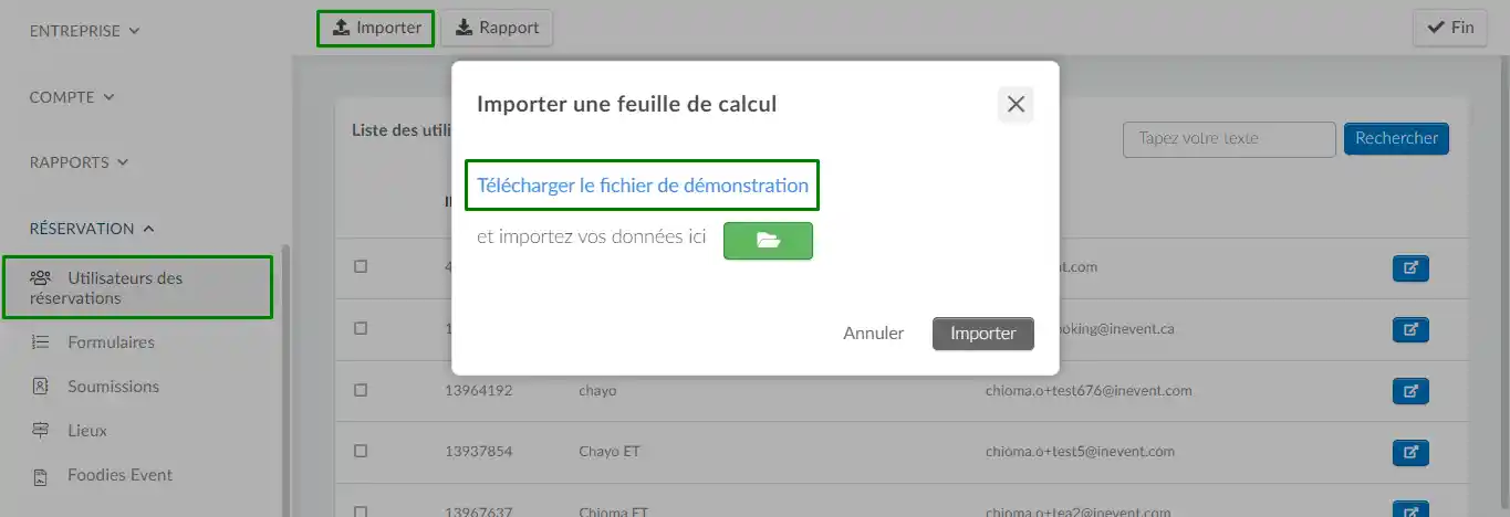 Capture d'écran montrant comment  importer des utilisateurs de réservation en utilisant la fonction d'importation 