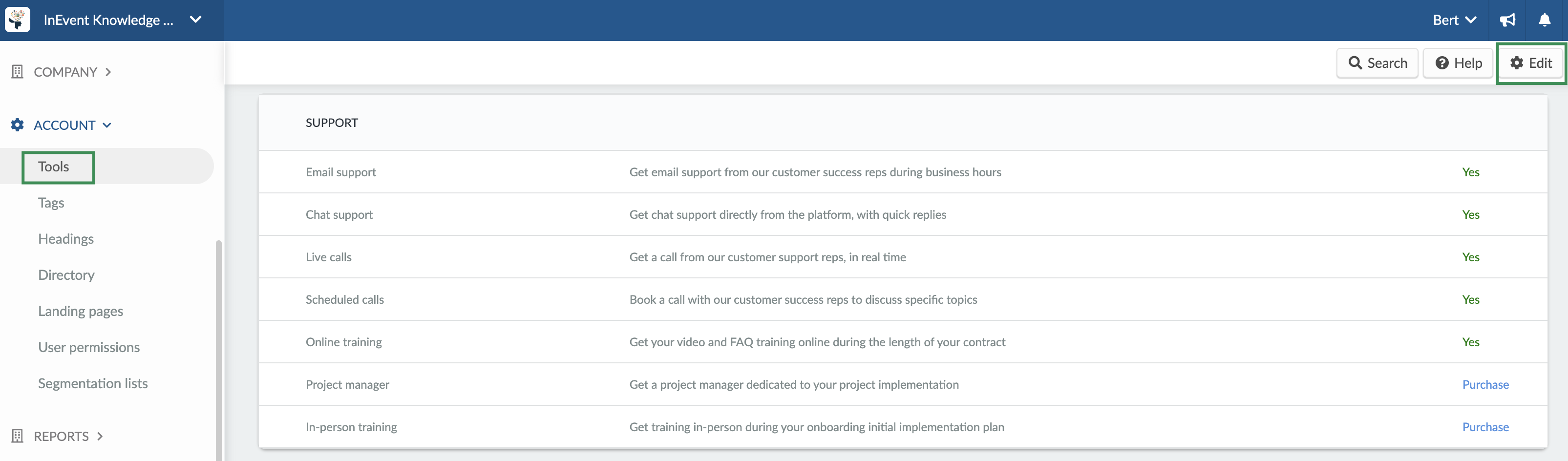 Support options on the company tools