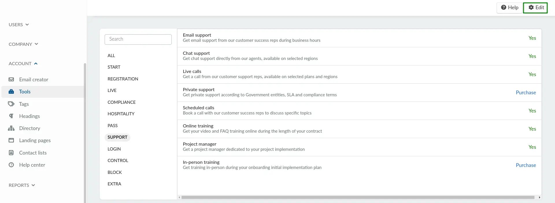 Enabling and disabling the support options