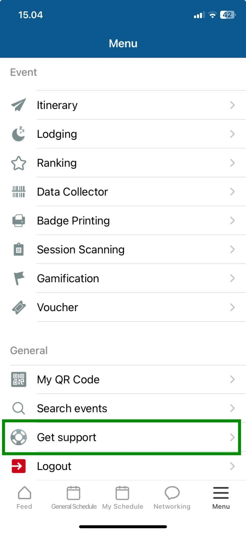 Screenshot showing the get support button in the mobile app