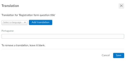 Screenshot of the adding translation section on the registration form.