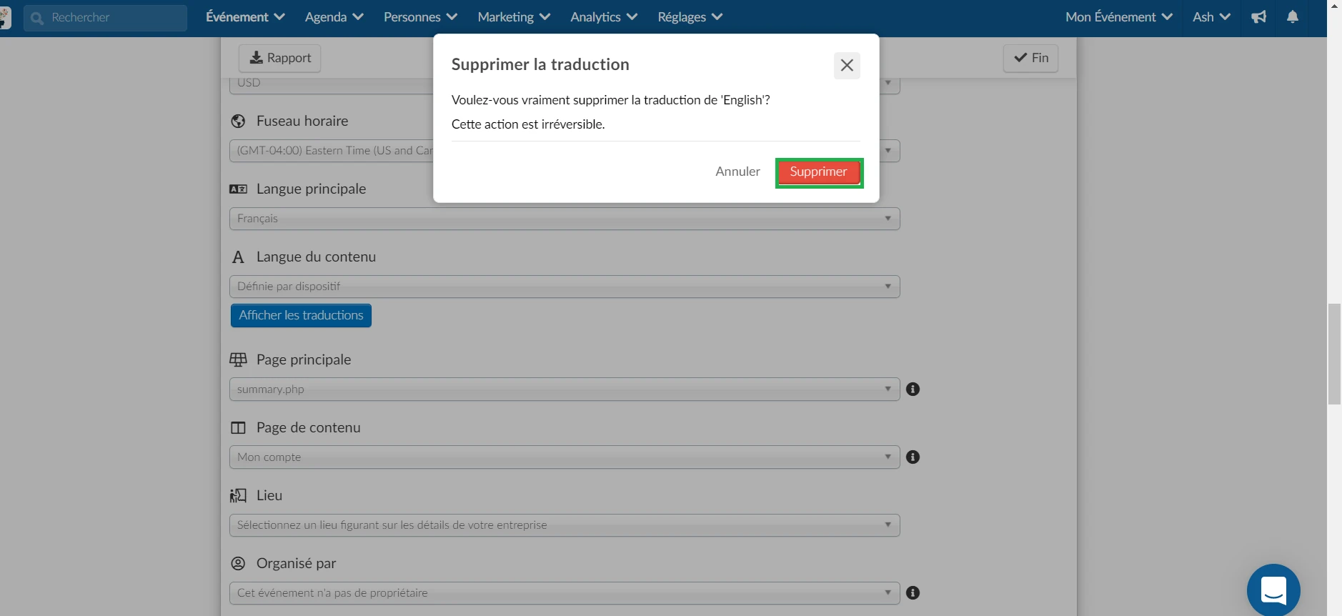 cliquez sur supprimer pour supprimer toutes les traductions