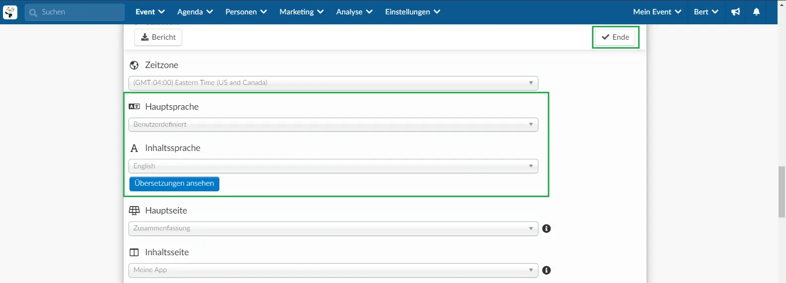 main language and content language options