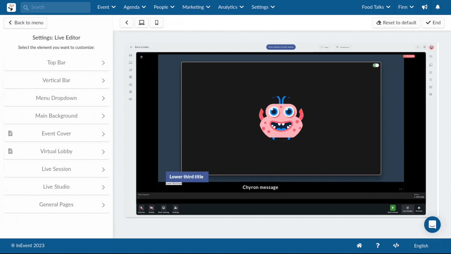 GIF showing the Live Studio section of the Virtual Lobby Editor