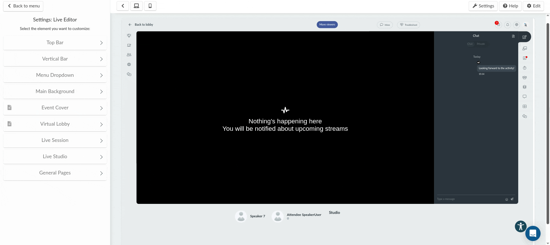 GIF showing the Live Session section of the Virtual Lobby Editor