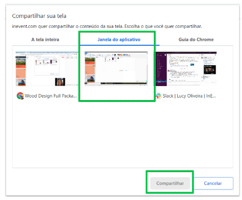 Selecionando a janela para compartilhar a tela