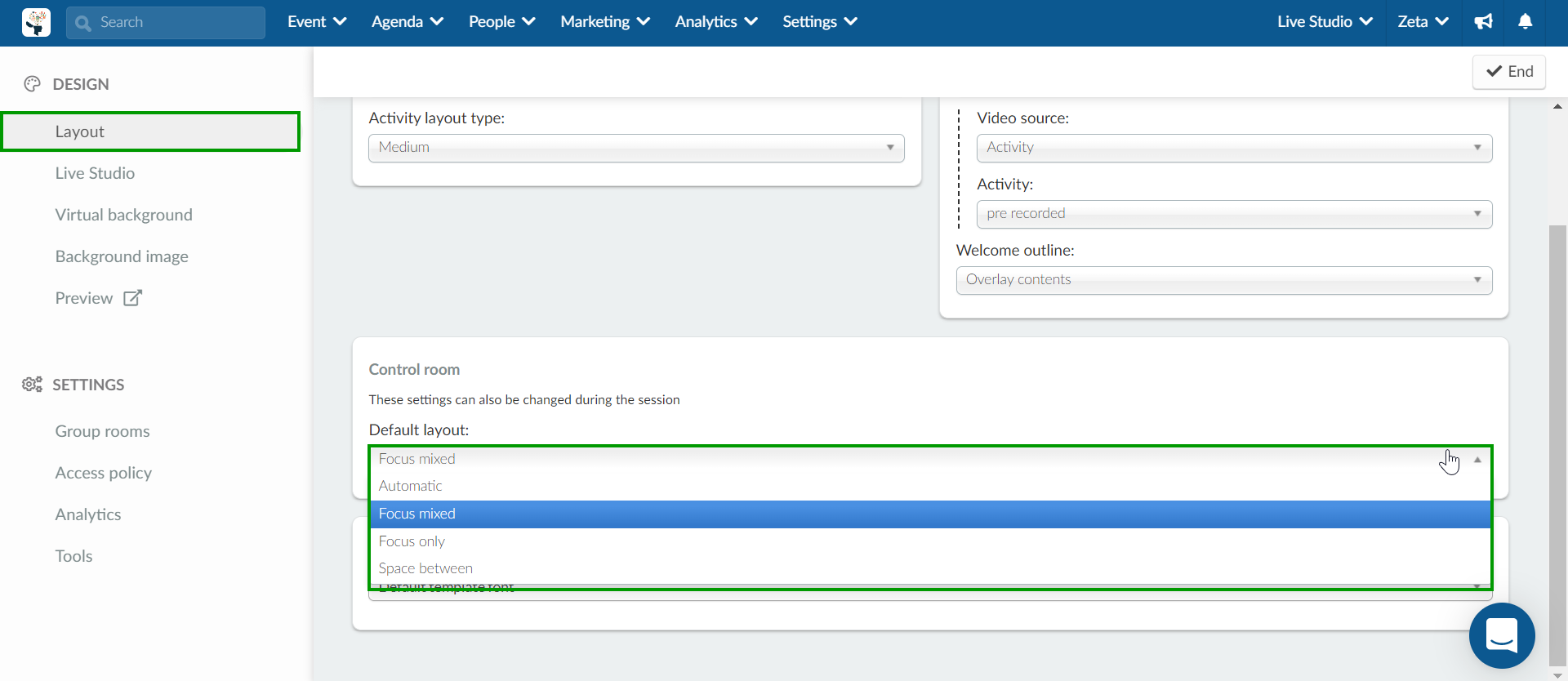 screenshot showing the layout for control room being selected at the backend