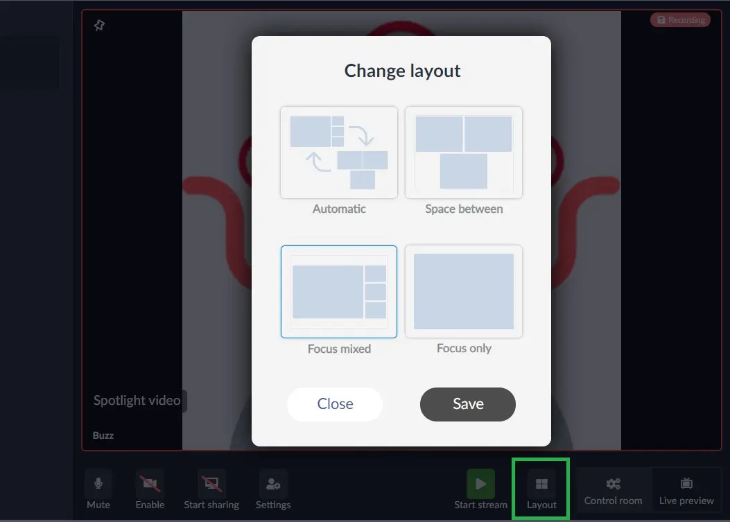 Layouts options in the Control Room