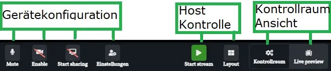 Alle Sprecher können die Einstellungen für die Gerätekonfiguration, die Ansicht des Control Room sowie zwei weitere Einstellungen für den Host sehen, nämlich die Einstellungen für die Hoststeuerung(Host Kontrolle).