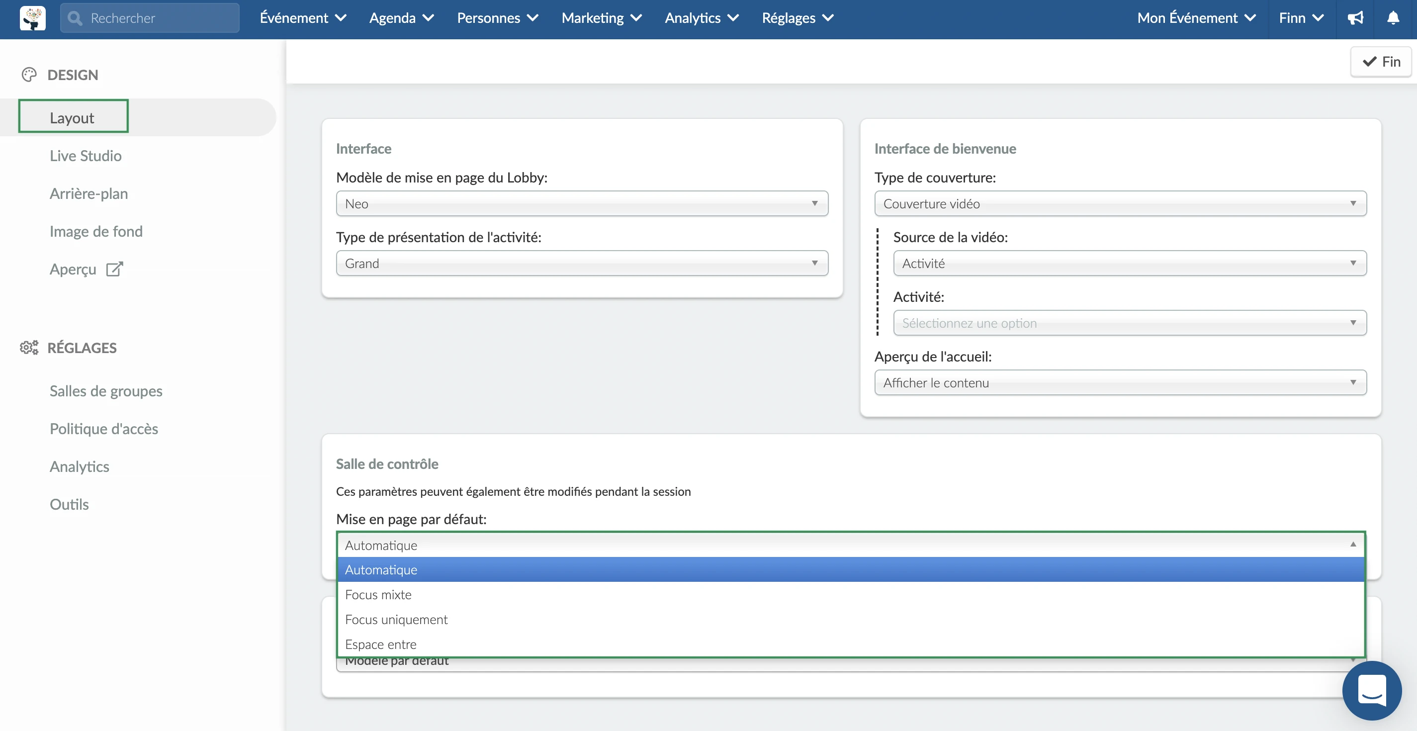 Sélectionner le layout de la salle de contrôle dans le backend