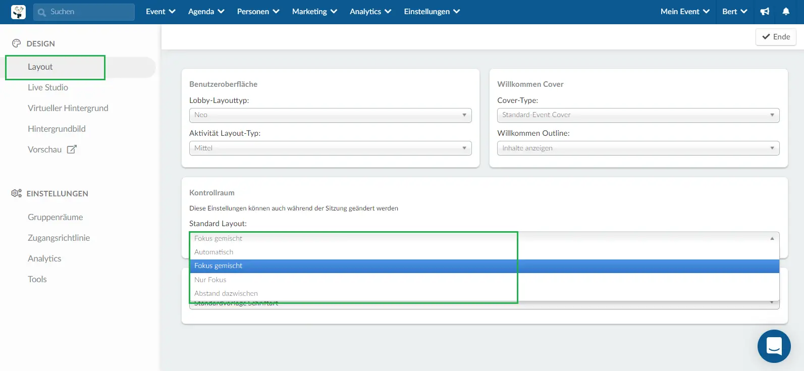 Um im Backend das Layout für den Control Room auszuwählen, gehen Sie auf Event > Virtual Lobby > Design >Layout, dann wählen Sie das gewünschte Layout aus. 