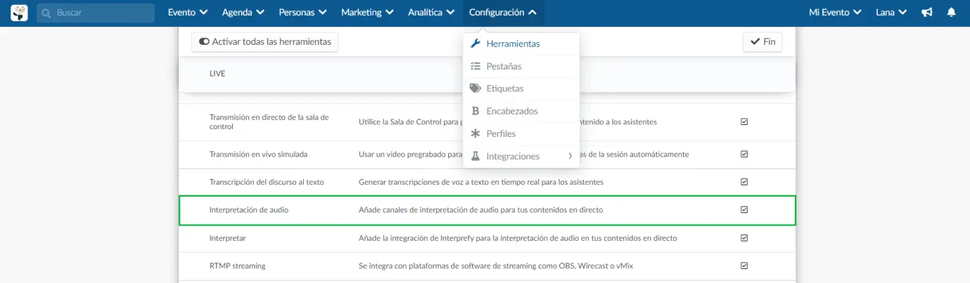 ¿Cómo habilito los canales de interpretación de audio para el evento?