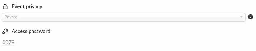 Screenshot showing event privacy settings and the event access code for private events.