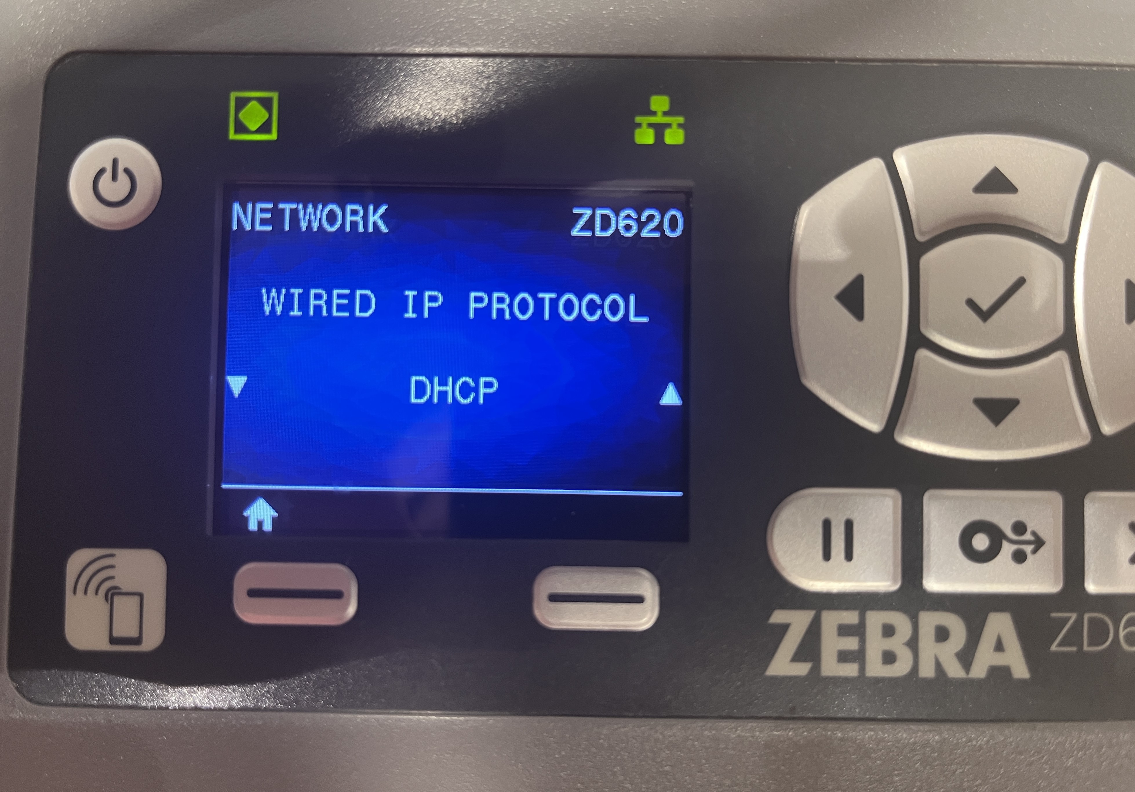 Image showing the printer's WIRED IP PROTOCOL - DHCP