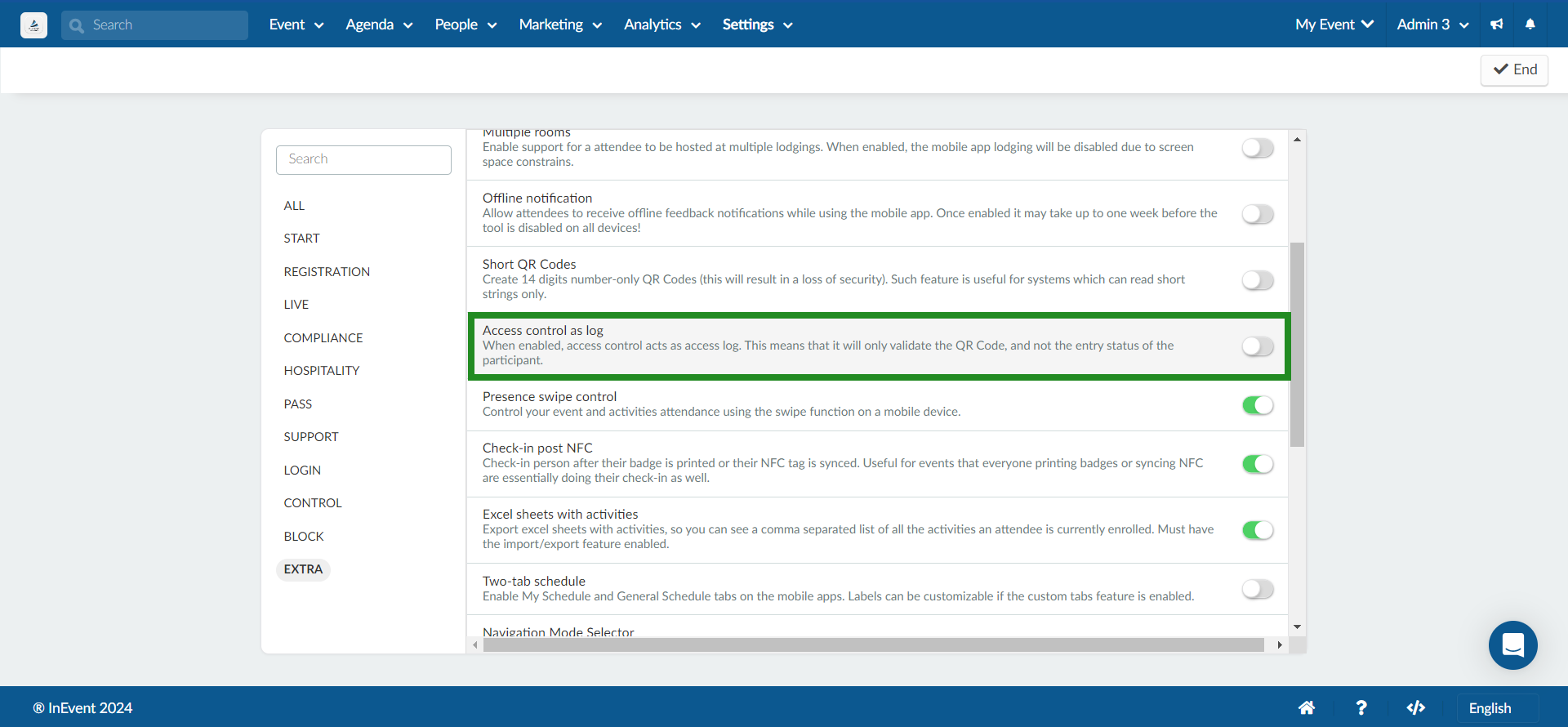 Image showing access control as log disabled.