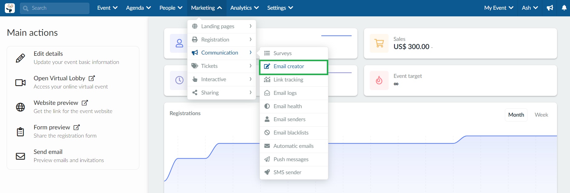 Accessing the email creator page