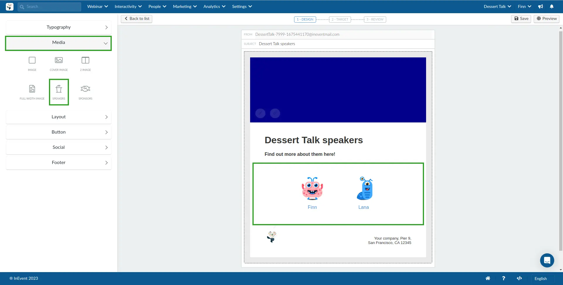 Screenshot showing the Email creator with the Speaker element.
