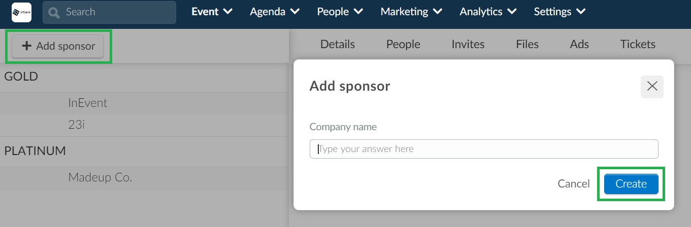 Screenshot of how to create sponsors