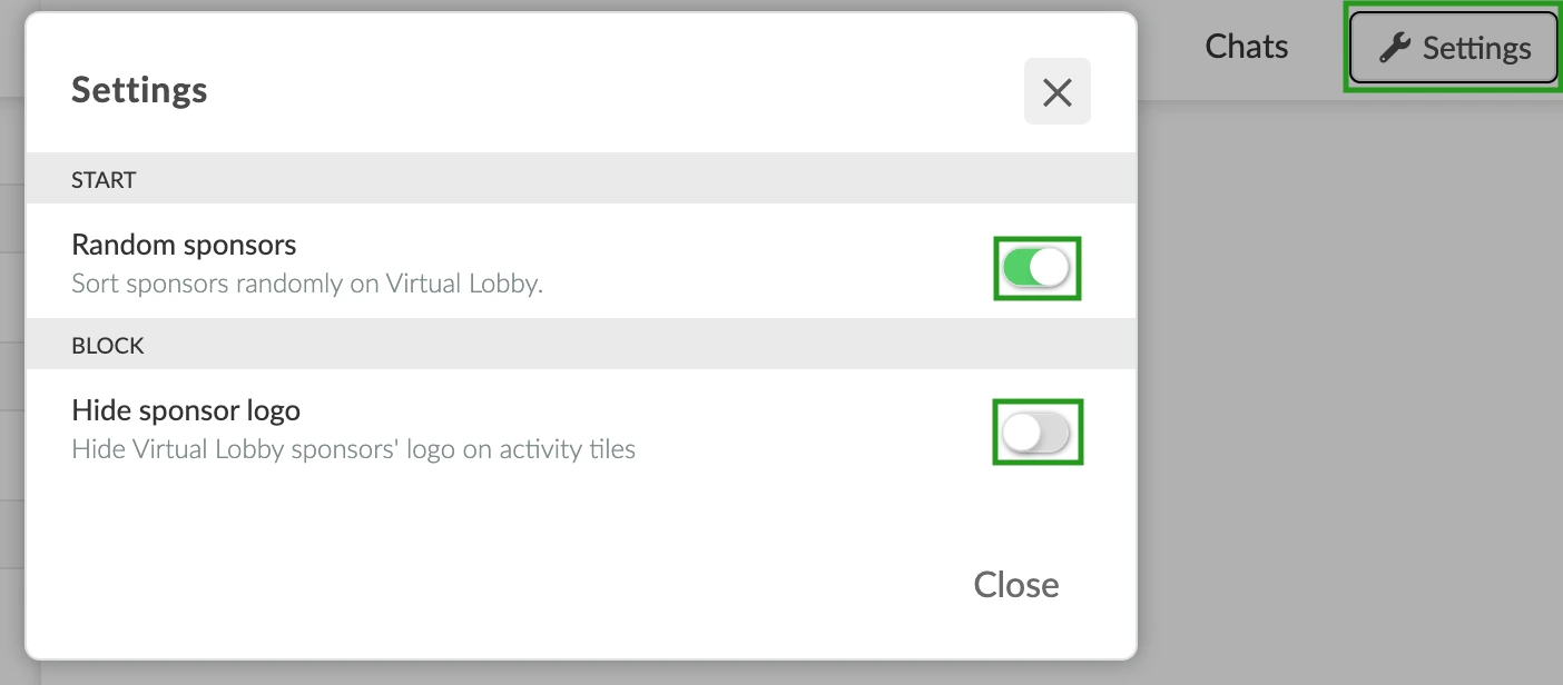 Image of settings pop-up that shows main tools of the sponsors page