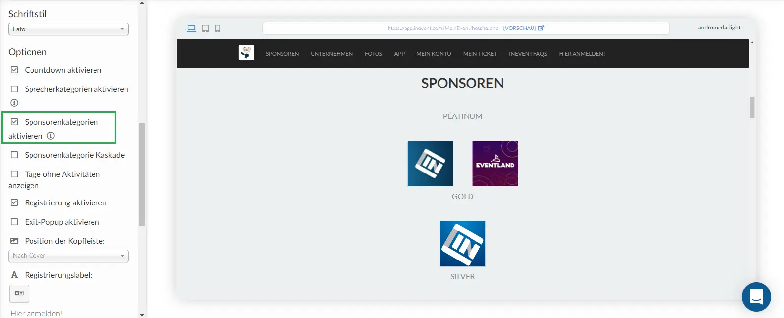 Screenshot of sponsor categories