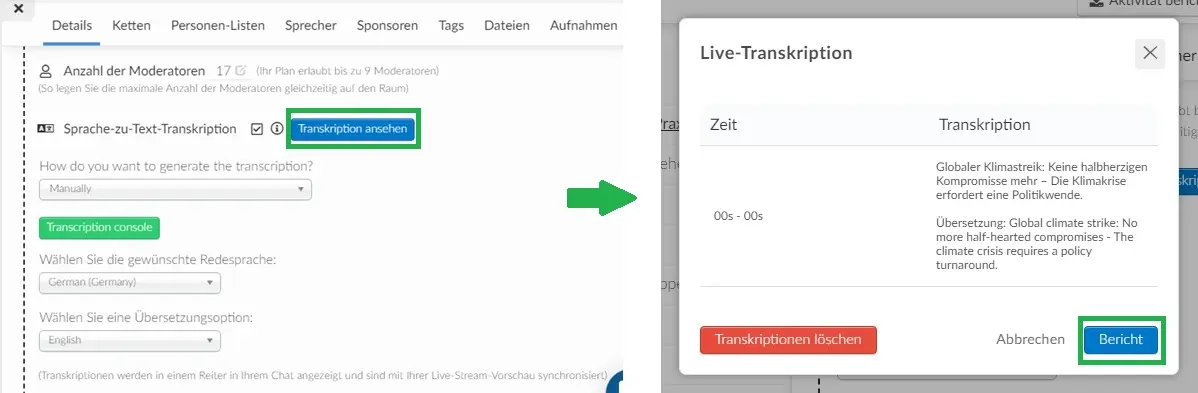 Kann ich die Transkript-Dateien meiner Sitzung abrufen? J