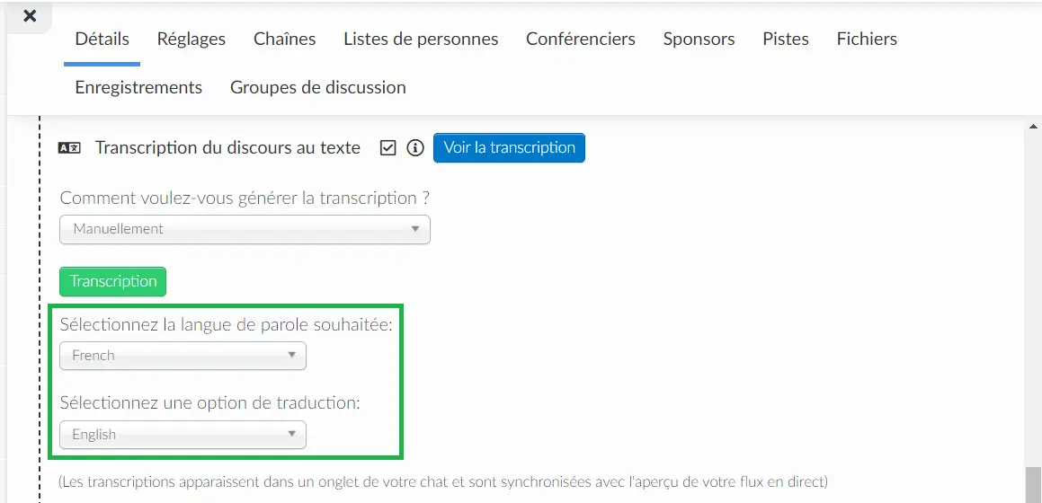  sélectionnez la langue de parole souhaitée et une option de traduction