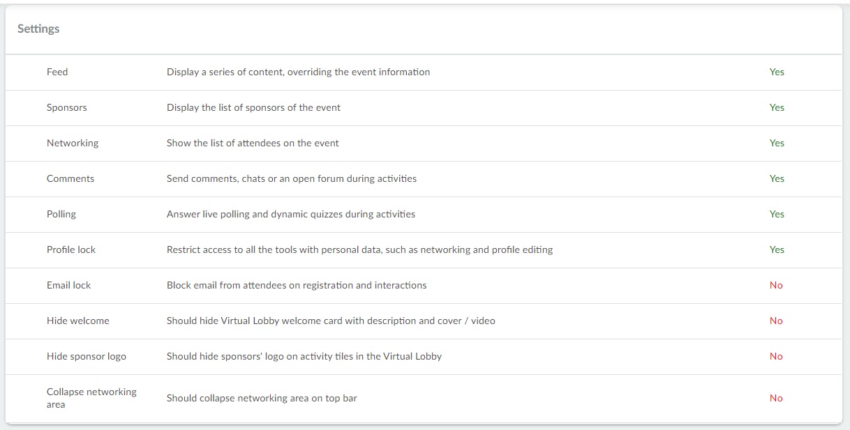 Screenshot of virtual lobby settings