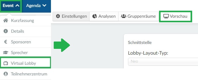 Screenshot of how to access the Lobby. Event > Virtual Lobby > Preview