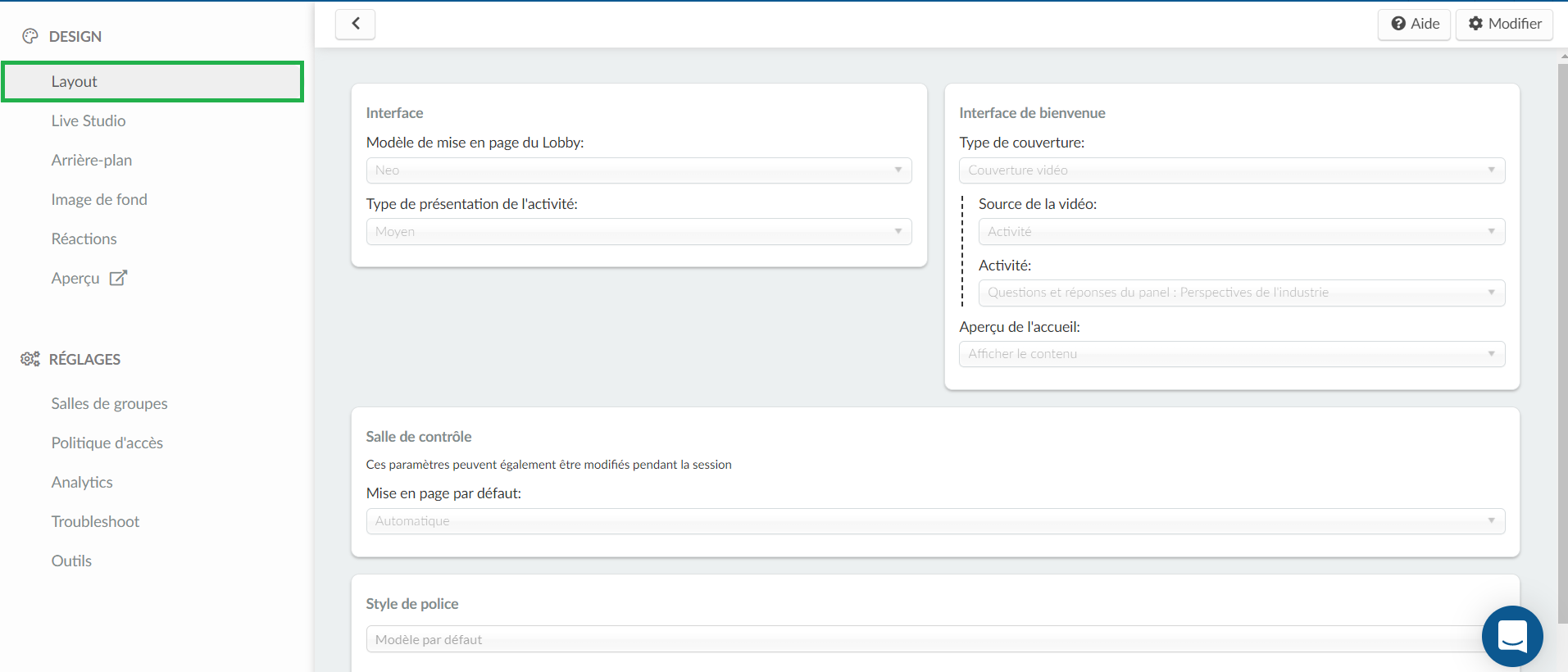 configurer le layout du virtual lobby
