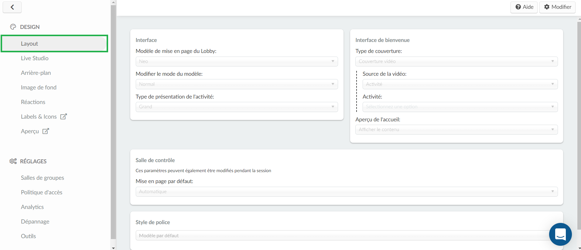 configurer le layout du virtual lobby