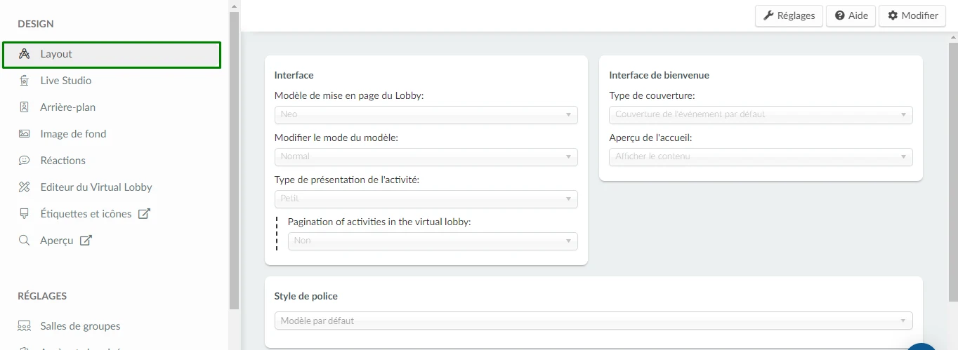 configurer le layout du virtual lobby