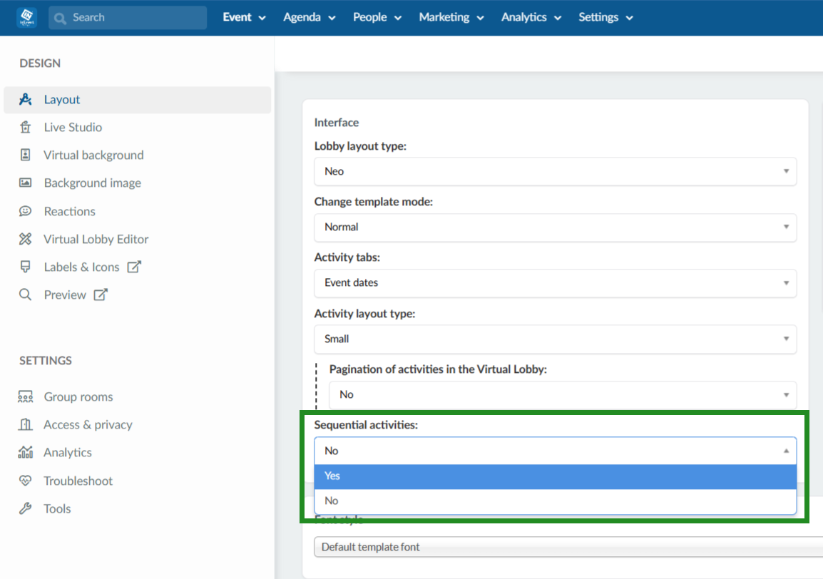 Image showing the sequential activities drop-down menu.
