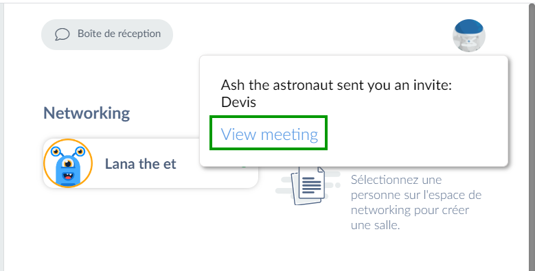Notification qui apparait dans le Virtual Lobby lorsque l'invité reçoit une invitation de réunion 