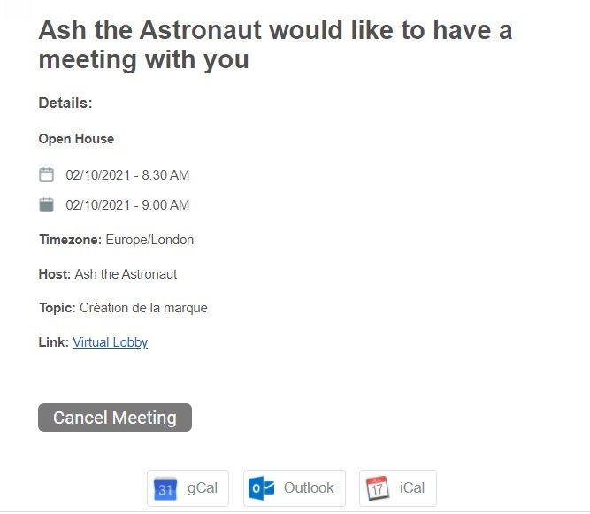 Une capture d'écran montrant un courriel contenant les détails de la réunion